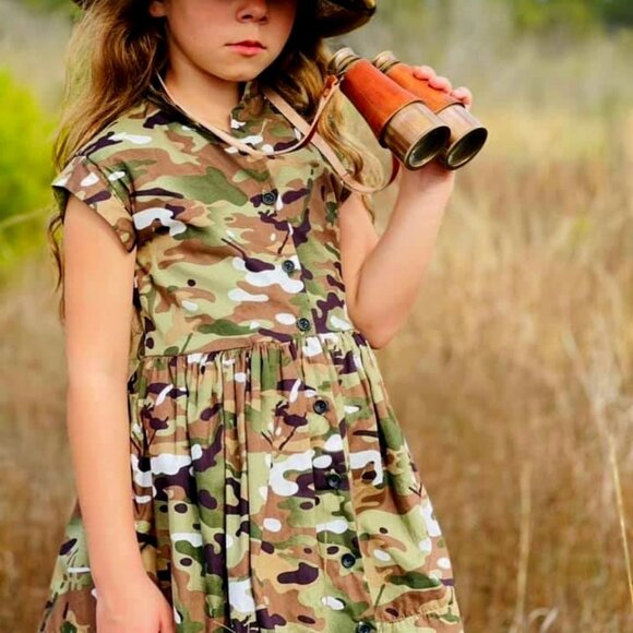 Girls Bijou Sauvage Camo Maverick Dress Army Green Camouflage Button Front  sz 7